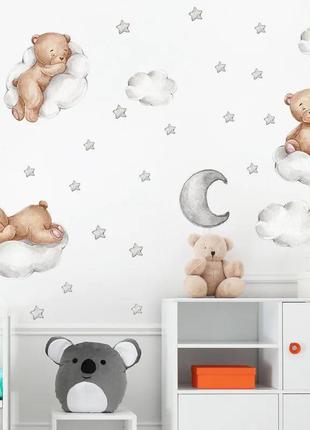 Интерьерная виниловая наклейка для детской комнаты  90х30 cm, 3 медвежонка, луна и облака со звездами1 фото
