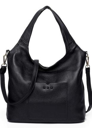 Женская кожаная большая чёрная сумка-мешок3 фото