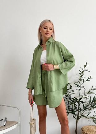 Женский костюм с шортами лен хаки