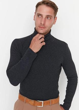 Базова темно сіра водолазка trendyol knitwear, легкий гольф, в рубчик, однотонний, светр, з коміром, джемпер, пуловер, кофта