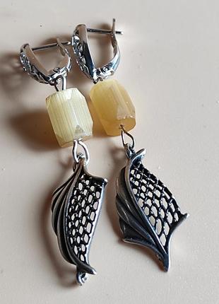 Серебряные серьги с сатиновым стеклом .2 фото