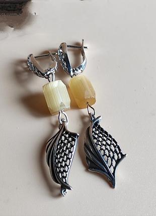 Серебряные серьги с сатиновым стеклом .4 фото