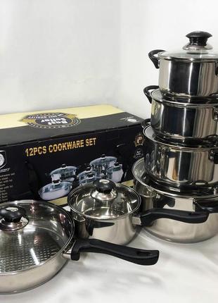 Набор кастрюль fh-219 из нержавеющей стали 1.9л, 2.5 л, 3.4л, 5.8л, 1.9л сковорода 24см и стеклянными крышками