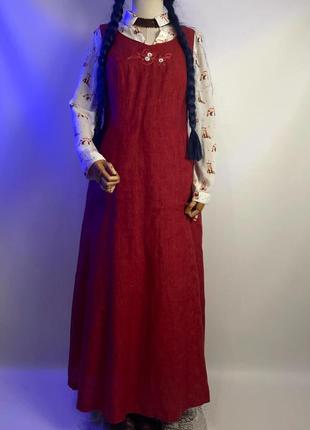 Вінтажний довгий лляний сарафан сукня максі з квітковою вишивкою дирндль етнічний одяг етнічний стиль6 фото