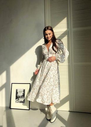 Накладний платіж ❤ бавовняна сукня міді на ґудзиках з рукавами ліхтариками в дрібний квітковий принт