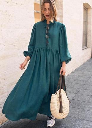 Бирюзовое платье оверсайз в стиле бохо с длинным рукавом и завязками на груди из льна