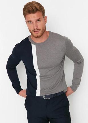 Стильный легкий комбинированный свитер trendyol, трендиол, оригинал, новый, серый, темно синий, пуловер, кофта, джемпер1 фото
