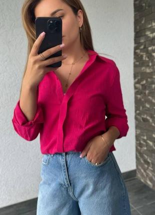 Женская летняя легкая малиновая рубашка блуза блузка на пуговицах лен коттон