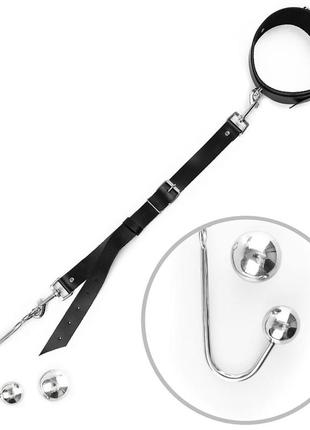 Анальний гак 4 із нашийником з натуральної шкіри art of sex - anal hook, чорний