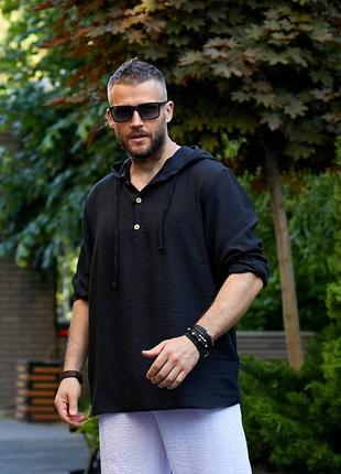 Мужская льняная рубашка туника кофта футболка с капюшоном с длинными рукавами серая...