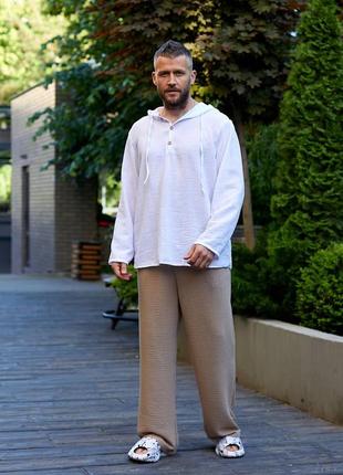 Мужская льняная рубашка туника кофта футболка с капюшоном с длинными рукавами серая...