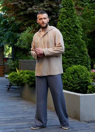 Мужская льняная рубашка туника кофта футболка с капюшоном с длинными рукавами серая...