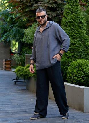 Мужская льняная рубашка туника кофта футболка с капюшоном с длинными рукавами серая...