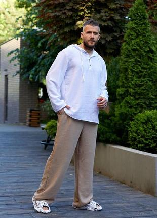 Мужская льняная рубашка туника кофта футболка с капюшоном с длинными рукавами серая...