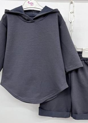 Костюм — двійка дитячий літній, худі з коротким рукавом, з капюшоном, шорти, оверсайз, сірий