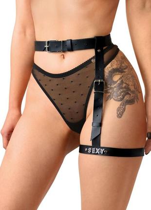 Гартер на ногу art of sex - naomi з написом sexy, натуральна шкіра, розмір xs-2xl, колір чорний