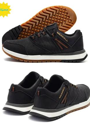 Чоловічі шкіряні кросівки merrell перфорація, classic black, чоловічі кеди чорні. чоловіче взуття