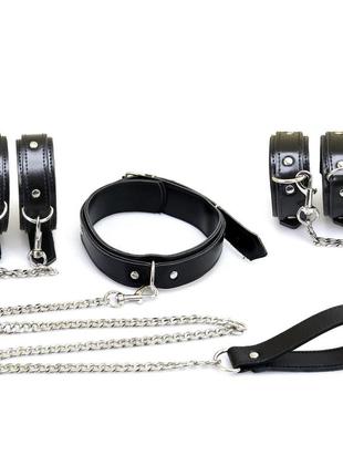 Bdsm-набір із 3 елементів art of sex -emoji, наручники, поножі, нашийник з повідцем, екошкіра,чорний