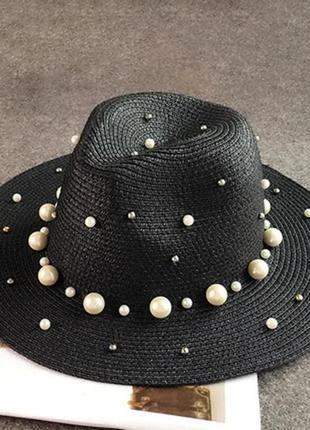 Соломенная шляпа женская солнцезащитная декор жемчуг бусины цвет черный  (55-58)