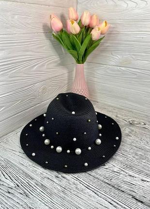 Соломенная шляпа женская солнцезащитная декор жемчуг бусины цвет черный  (55-58)6 фото