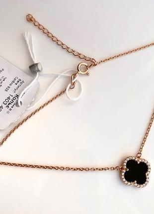 🤩 позолоченное колье 925 пробы, покрытие позолота, вставка цирконии и им. оникс, клевер ванклиф, подвеска