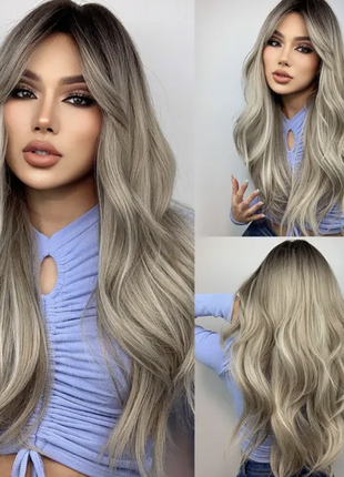 Парик длинные волнистые волосы холодный пепельный блонд челка, омбре, растушевка у корней