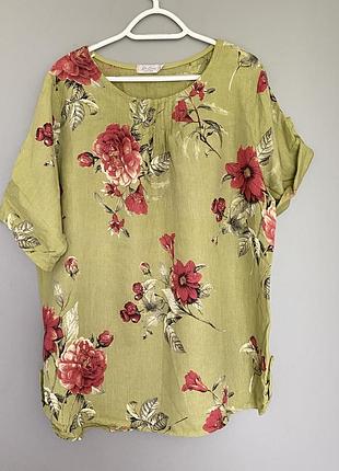 Льняная блуза туника в цветочный принт