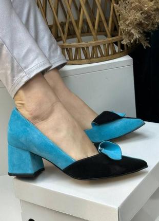 Туфли лодочки из итальянской кожи и замши женские на каблуке с бантиком