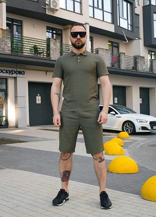 Льняной комплект шорты и рубашка s,m,l,xl,xxl,xxl синий черный и хаки