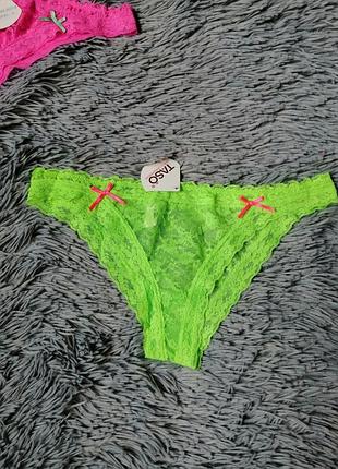 Класні яскраві стрейчові гіпюрові гіпюрові мереживні трусики кислотні салатний та малиновий кольори