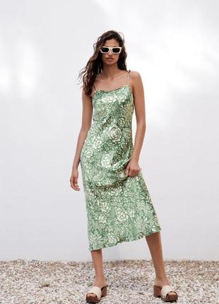 Сатиновое платье zara платье зеленое цветочное, цветочное на бретелях сатиновое атласное xs s