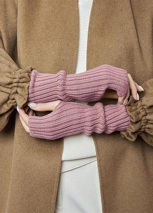 Мітенки в'язані на руки темно-рожеві 6134 рожеві персикові рукавиці відкриті в рубчик