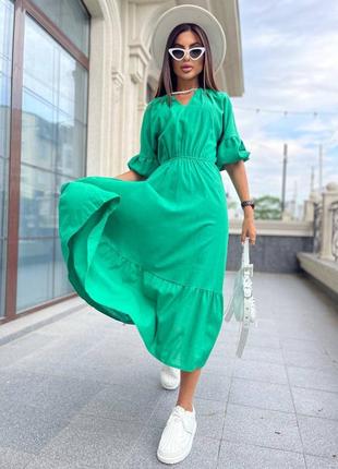 Платье миди из льна рукава клеш с поясом платье розовая зеленая белая с рюшками...