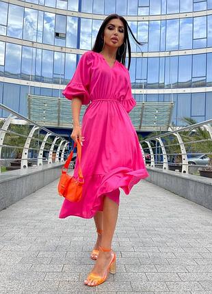 Платье миди из льна рукава клеш с поясом платье розовая зеленая белая с рюшками...