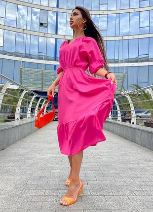 Платье миди из льна рукава клеш с поясом платье розовая зеленая белая с рюшками...