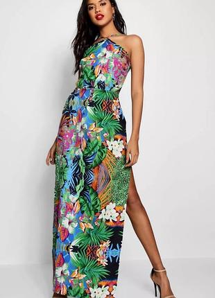 Літній сарафан в тропічний принт з розрізами по бокам сукня з куліскою в талії сарафан яскравий 48
