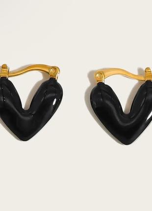 Тренд медична сталь жіночі сережки кульчики серьги пусети підвіси серця чорна емаль