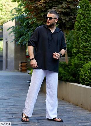 Мужская льняная рубашка с капюшоном с длинным рукавом