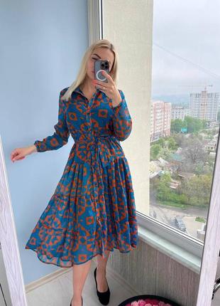 Накладной платеж ❤ турецкое шифоновое платье миди на пуговицах с рукавами фонариками в принт