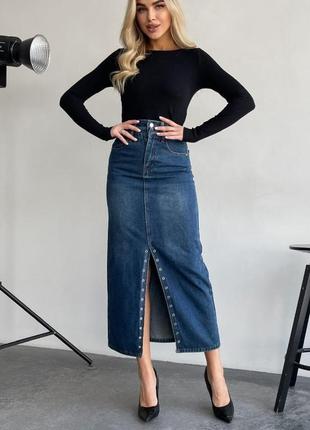 Юбка синяя с разрезом высокая длинная джинсовая
