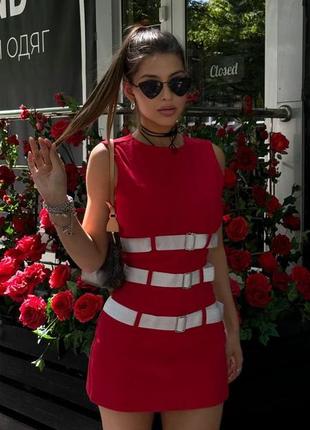 Платье в стиле zara мини с ремнями красная розовая беж мини 100% коттон