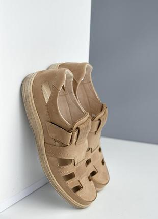 Літні чоловічі бежеві сандалі,оливкові туфлі-сандалети з липучкою шкіряні/натуральна шкіра,на літо