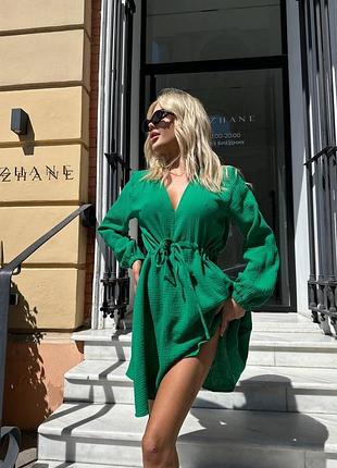 Муслиновое короткое платье с длинными рукавами легкое платье с утяжкой