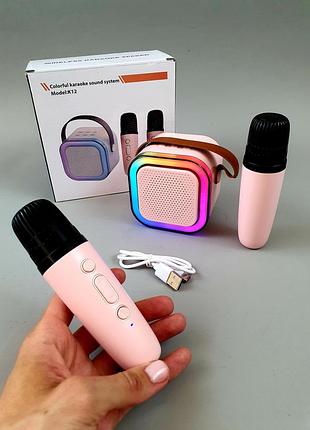 Дитяче караоке з 2-ма мікрофонами k12 зі зміною голосу bluetooth колонка з rgb підсвічуванням рожева c 65427