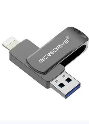 Флешка металева microdrive 2в1 usb-lightning для iphone, ipad, ipod, комп'ютера 64 gb black