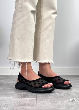 Чорні жіночі босоніжки з сіткою наскрізною перфорацією з натуральної замші замшеві босоніжки балетки з сіточкою