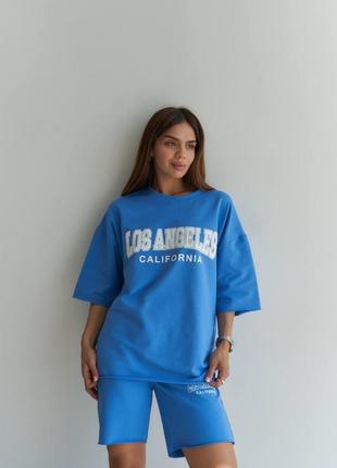 Женский костюм шорты с футболкой свободные голубого цвета 42/463 фото