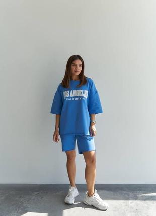 Женский костюм шорты с футболкой свободные голубого цвета 42/464 фото