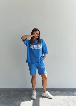 Женский костюм шорты с футболкой свободные голубого цвета 42/465 фото