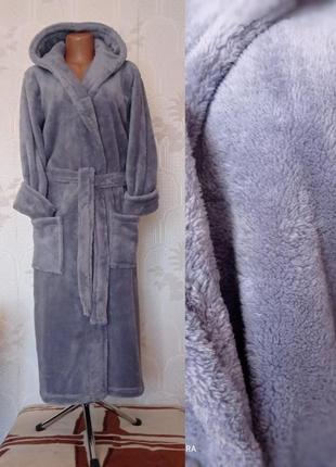 Жіночий теплий довгий халат, великого розміру, з капюшоном, р-р 52,54,56,58,60,62 см сірий